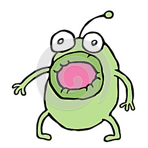 Amazed green alien opened his mouth. Vector illustration.