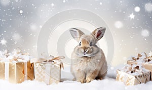 An amazed little rabbit looks at the Christmas presents he found in a pile of snow.