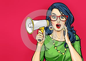 Amazed Pop art girl in glasses with megaphone saying something. Woman with loudspeaker.