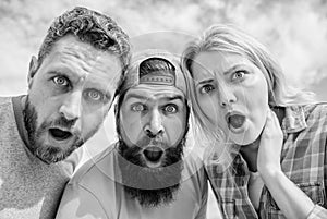 Amazed surprised face expression. How to impress people. Shocking impression. Men with beard and woman looking shocked