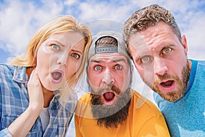 Amazed surprised face expression. How to impress people. Shocking impression. Men with beard and woman looking shocked