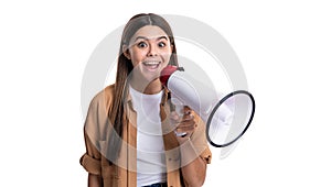 amazed teen girl announcer hold loudspeaker in studio. teen girl announcer with loudspeaker.