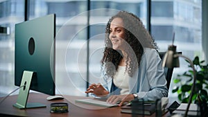 Amazed woman satisfied work results at desk closeup. Employee rejoicing success