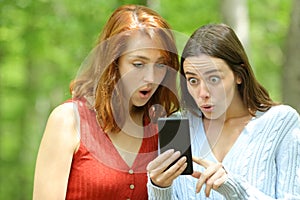 Amazed women checking surprising phone content in a park