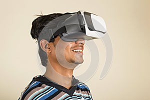 Young boy experiencing virtual reality headset