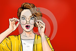 Amazed young woman in glasses. Advertising poster or party invitation with sexy club girl with open mouth in comic style