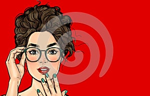 Amazed young woman in glasses. Advertising poster of sale or discount .