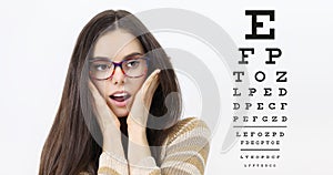 Amazement female face with spectacles on eyesight test chart