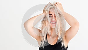 Amazement happy smiling girl on white background