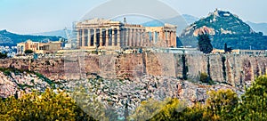 Amazin spring panorama of Parthenon, former temple, on the Athenian Acropolis, Greece, Europe. Colorful morning scene in Athens.