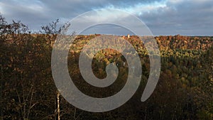 Amazing Aerial 4k video of Turaida castle during golden autumn season.