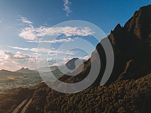 Amazing aerial footage view of the mountains by the famous Haiku stairs