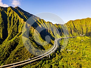 Amazing aerial footage view of the mountains by the famous Haiku stairs
