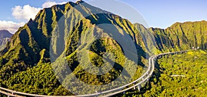 Amazing aerial footage view of the mountains by the famous Haiku stairs photo