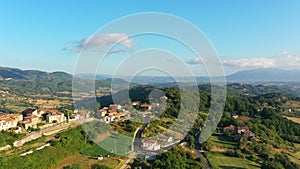 Amazing aerial landscape overlooking the architecture in the mountains. Cozy and beautiful place among green nature and clean air