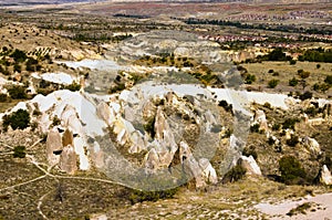 Amazing aerial landscape view of geologic formations of Cappadocia. Amazing shaped sandstone rocks.