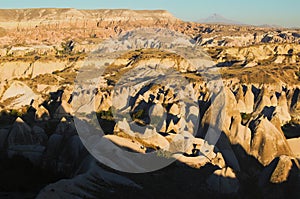 Amazing aerial landscape view of typical geologic formations of Cappadocia. Amazing shaped sandstone rocks. Famous touristic place