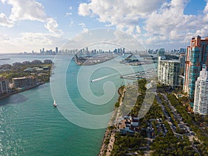 Amazing aerial of miami bay with downtown cityscape in background