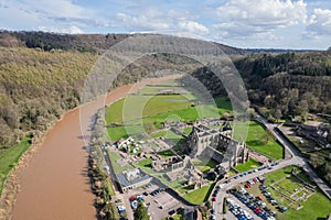 Amazing aerial panorama of Tintern Abbey, River Wye, and the nearby landscape