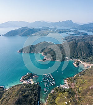 Amazing Aerial Panorama view of Leung Shuen Wan, High Island Reservoir, Sai Kung, Hong Kong, outdoor, daytime