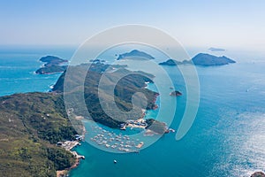 Amazing Aerial Panorama view of Leung Shuen Wan, High Island Reservoir, Sai Kung, Hong Kong, outdoor, daytime