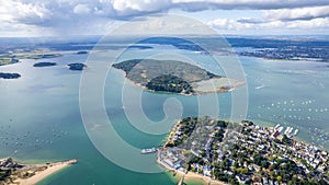 amazing aerial panorama view of National Trust Brownsea Island in Bournemouth, Poole and Dorset, England