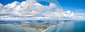 amazing aerial panorama view of Sandbanks Beach and Cubs Beach in Bournemouth, Poole and Dorset, England