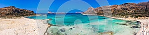 Amazing aerial panoramic view on the famous Balos beach in Balos lagoon and pirate island Gramvousa. Place of the confluence of