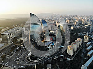 Amazing aerial view from above by drone on capital of Azerbaijan - Baku. The Flame Towers