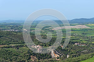 Amazing aerial view of Bagno Vignoni from Fortress of Tentennano, Tuscany, Italy