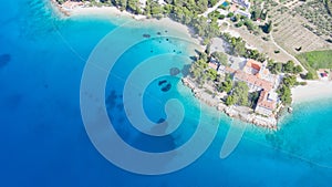 Amazing aerial view on a beach and small church of St.Ivan and Teodor Bol,Brac copy space image photo