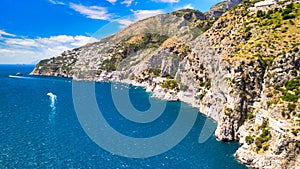 Amazing aerial view of beautiful Amalfi Coast in summer season, Italy. Drone viewpoint