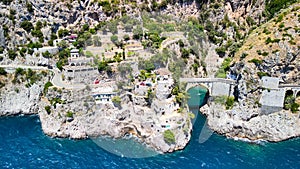 Amazing aerial view of beautiful Amalfi Coast in summer season, Italy. Drone viewpoint