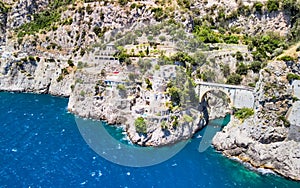 Amazing aerial view of beautiful Amalfi Coast in summer season, Italy. Drone viewpoint