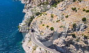 Amazing aerial view of beautiful Amalfi Coast in summer season, Italy. Drone viewpoint