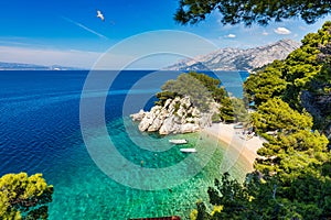 Amazing aerial view of the beautiful Podrace beach in Brela, Makarska Riviera, Croatia. Aerial view of Podrace beach and