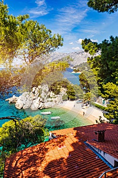 Amazing aerial view of the beautiful Podrace beach in Brela, Makarska Riviera, Croatia. Aerial view of Podrace beach and