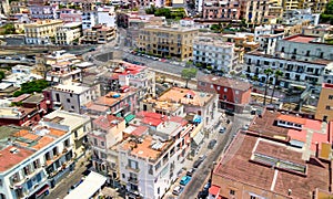 Amazing aerial view of beautiful port of Pozzuoli in summer season, Italy. Drone viewpoint