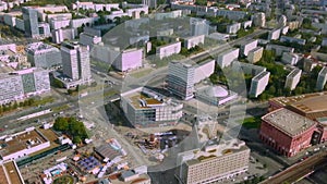 Amazing aerial view from Berlin Fernsehturm, TV tower. City life timelapse