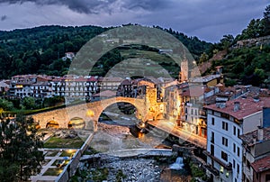Amazing aerial view on Camprodon medieval town and the old bridge, Catalonia Spain