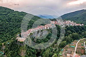 Amazing aerial view on Castellfollit de la Roca, picturesque medieval village in Catalonia Spain