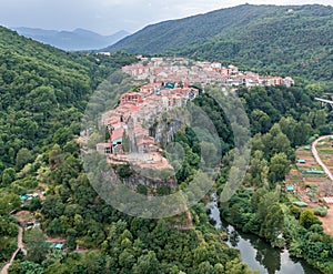 Amazing aerial view on Castellfollit de la Roca, picturesque medieval village in Catalonia Spain