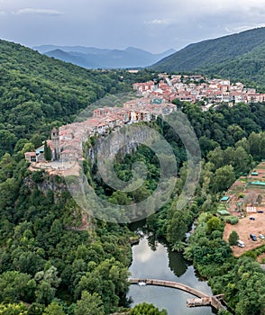 Amazing aerial view on Castellfollit de la Roca, picturesque medieval village in Catalonia Spain