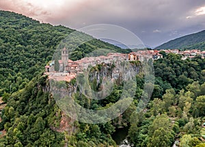 Amazing aerial view on Castellfollit de la Roca, picturesque medieval village in Catalonia Spain