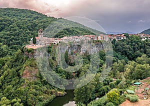 Amazing aerial view on Castellfollit de la Roca, picturesque medieval village in Catalonia Spain