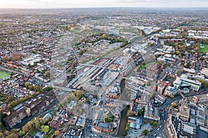 amazing aerial view of the downtown center and railway station of Guildford, Famous town near london, England, autumn daytime