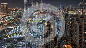 Amazing aerial view of Dubai downtown skyscrapers night timelapse, Dubai, United Arab Emirates