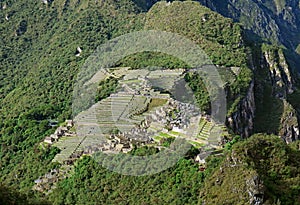 Amazing aerial view of the famous Machu Picchu Incas citadel as seen from Huayna Picchu mountain, Cusco Region, Peru