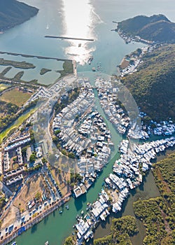 Amazing aerial view of the famous travel destination, Tai O, Lantau Island, Hong Kong, evening