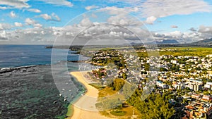 Amazing aerial view of Flic en Flac Beach at sunset, Mauritius Island